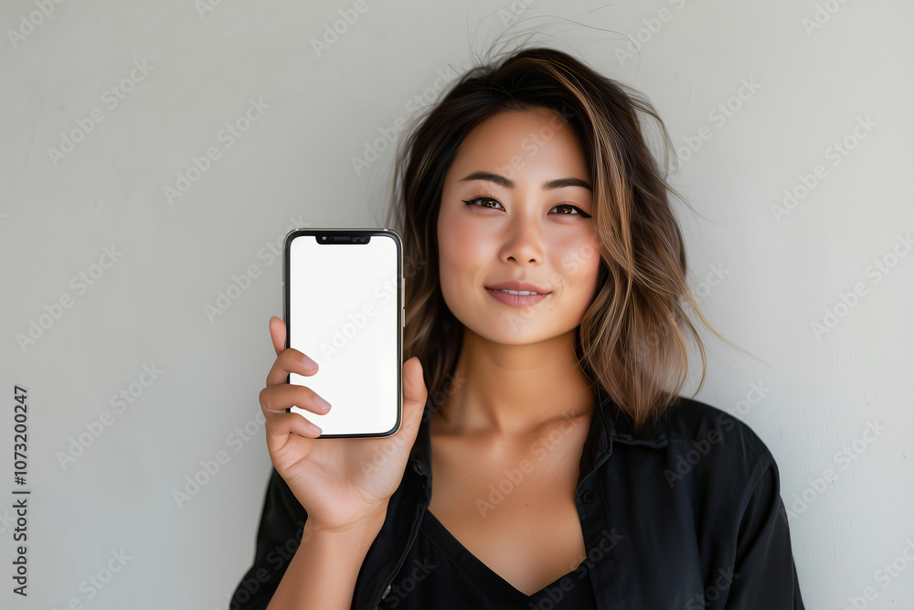 Portrait of a young woman holding a smartphone with a blank screen, ideal for mobile app advertising or technology product presentations, featuring ample copy space and a clean, minimalist background. Portrait of a young woman holding a smartphone with a blank screen, ideal for mobile app advertising or technology product presentations, featuring ample copy space and a clean, minimalist background.