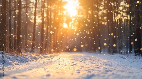 A Snow-Covered Forest Path with Falling Snowflakes and a Sunlit Sky