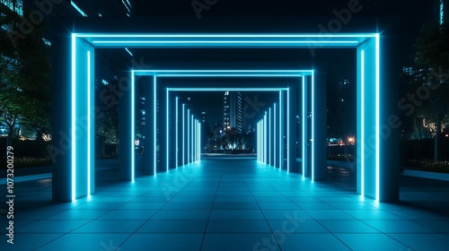 Futuristic city park at night, artificial light creating dramatic shadows, sleek architecture, neon elements, serene yet modern