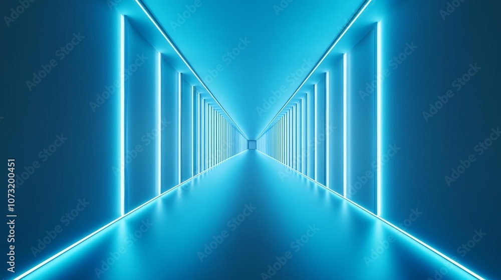 Obraz premium Futuristic hallway lit by artificial blue light, high-tech design, dramatic perspective, strong shadows