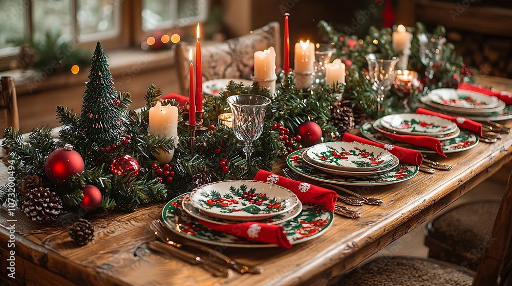 A rustic wooden table is set for a Christmas dinner with a festive centerpiece of pine branches, red baubles, pinecones, and candles. A rustic wooden table is set for a Christmas dinner with a festive centerpiece of pine branches, red baubles, pinecones, and candles.