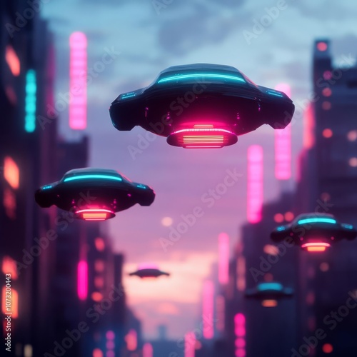 Futuristic city with flying cars illuminated by artificial light, dynamic movement, high contrast, neon glow, vibrant colors