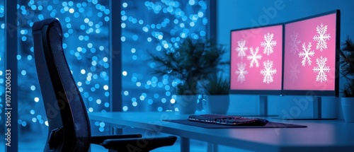 Blue Bokeh Lights and Gaming Setup with Snowflake Screen