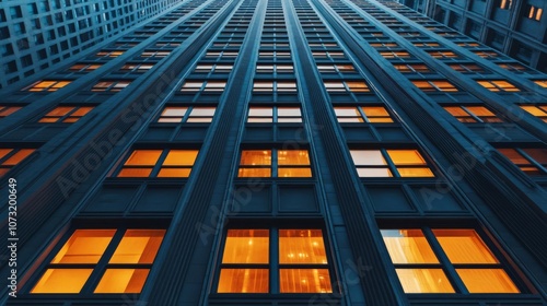 High-rise building facade with windows glowing in artificial light, dramatic perspective, urban nightscape, intricate architectural details