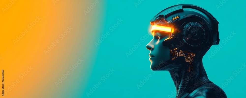 Portrait of a cybernetic figure lit by intense artificial light, high contrast, sci-fi aesthetic, intricate cyber details Portrait of a cybernetic figure lit by intense artificial light, high contrast, sci-fi aesthetic, intricate cyber details