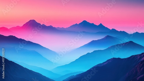 Stunning mountain range at sunrise with vibrant pink and blue hues illuminating the sky and landscape.