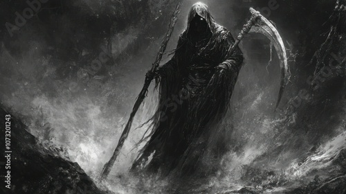 Realistic grim reaper illustration, standing with scythe, face shrouded under hood, eerie and menacing aura photo