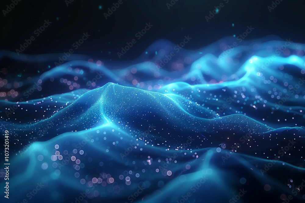 Digital Visualization of a Dynamic Data Flow Across a Network of Vibrant Blue Nodes with Glowing Particles and Light Effects Digital Visualization of a Dynamic Data Flow Across a Network of Vibrant Blue Nodes with Glowing Particles and Light Effects