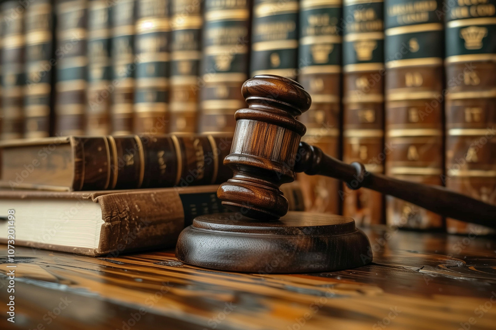 A traditional wooden judge's gavel resting on its sound block with legal books in background on wooden desk A traditional wooden judge's gavel resting on its sound block with legal books in background on wooden desk