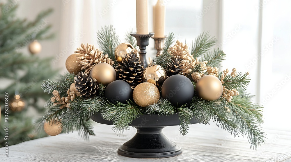 Christmas table centerpiece with black and gold ornaments, pine branches, greenery, and candles. Simple yet elegant holiday decoration for a festive table. Christmas table centerpiece with black and gold ornaments, pine branches, greenery, and candles. Simple yet elegant holiday decoration for a festive table.