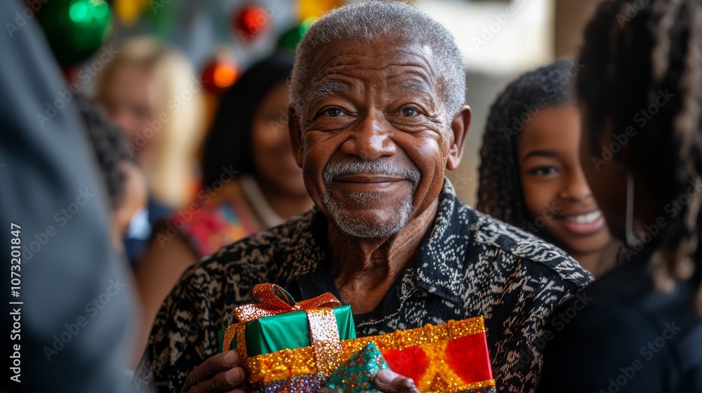 kwanzaa day, Joyful Elderly Man Holding Gift with Proud Expression kwanzaa day, Joyful Elderly Man Holding Gift with Proud Expression