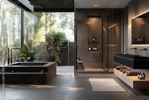 Wallpaper Mural High-end modern bathroom featuring seamless glass walls, a floating vanity, matte black finishes, and a large soaking tub. Torontodigital.ca