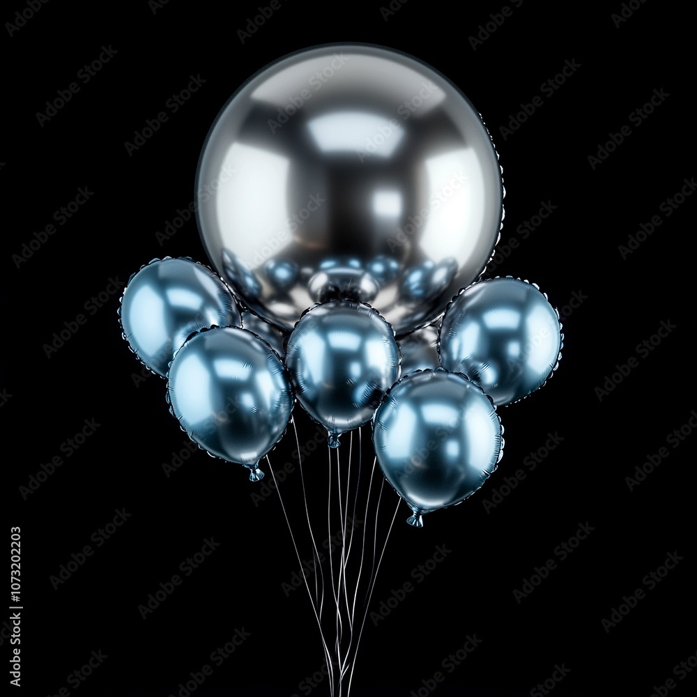 balloon arrangement, one large circular silver cloured balloon is surrounded by 6 smaller silver-blue rubber balloons, balloons are filled with helium, black background, generative ai balloon arrangement, one large circular silver cloured balloon is surrounded by 6 smaller silver-blue rubber balloons, balloons are filled with helium, black background, generative ai