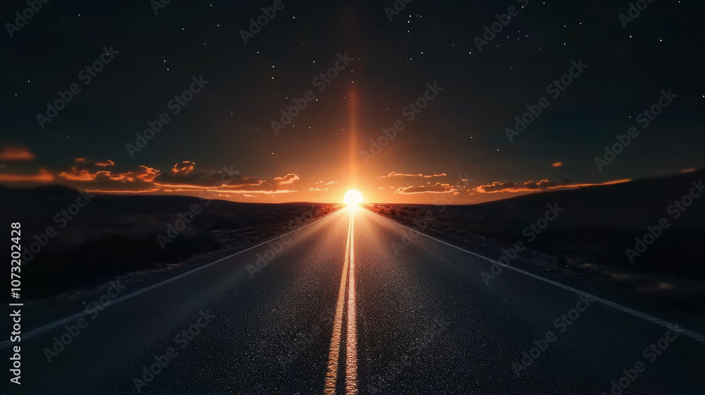 Fototapeta premium A straight road stretching toward a glowing horizon, representing journeys and goals.