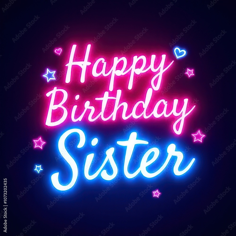 Obraz premium Stylish happy birthday sister image card with glowing text and fun elements.