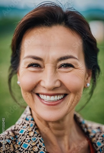 A cheerful woman 50 years old is enjoying a sunny afternoon in a park, showcasing her radiant smile and elegant pearl earrings as she embraces the moment. A resident of Kazakhstan. AI generated.