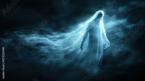 Transparent ghost figure drifting from the dark, trailing misty tendrils, emitting a soft, eerie glow in a dark, ominous setting photo