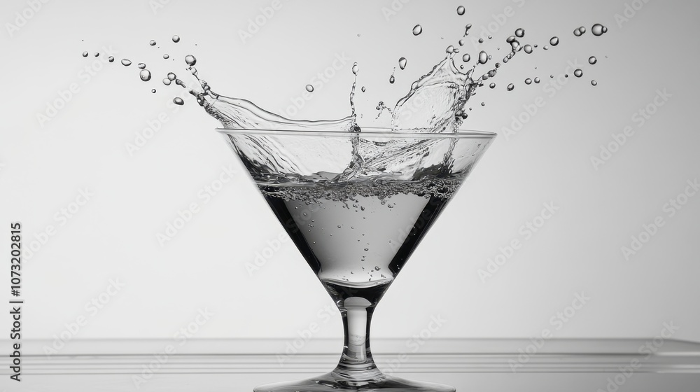 Crystal-clear splash frozen as it erupts from a glass, droplets creating elegant motion on white Crystal-clear splash frozen as it erupts from a glass, droplets creating elegant motion on white