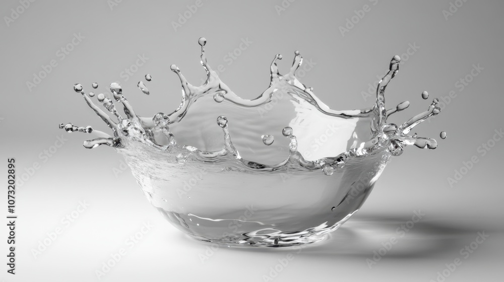 Crystal-clear splash with delicate water droplets frozen mid-motion, isolated on clean white Crystal-clear splash with delicate water droplets frozen mid-motion, isolated on clean white