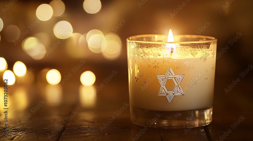 A lit candle with a Star of David on the side, sitting on a wooden table. A lit candle with a Star of David on the side, sitting on a wooden table.