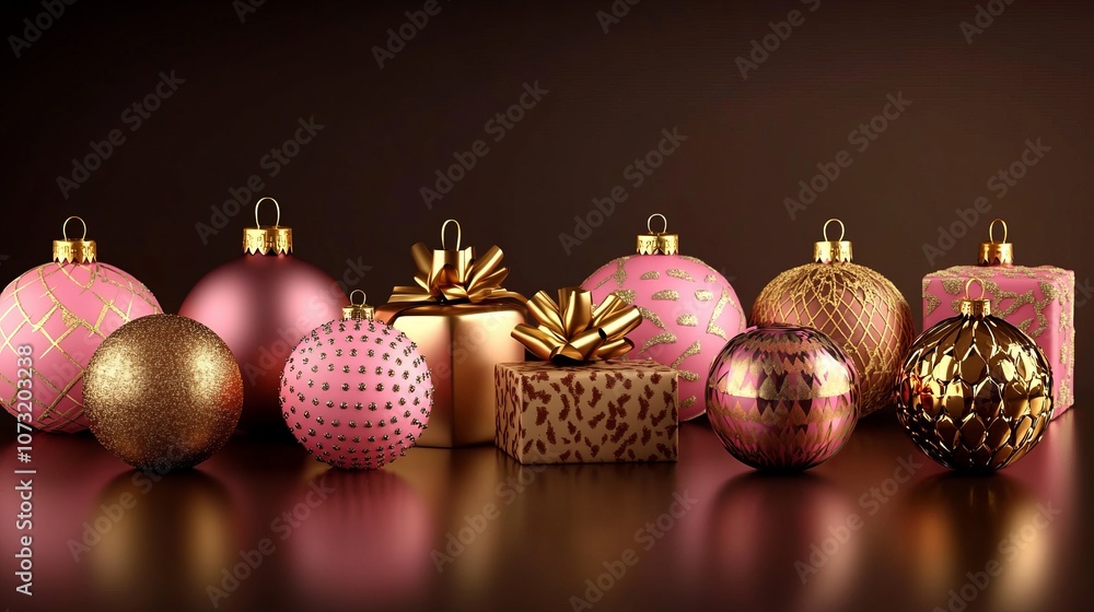 Pink and gold metallic ornaments, patterned spheres, and gift boxes with chocolate balls against a dark brown background. Captured in hyper-realistic photographic style. Pink and gold metallic ornaments, patterned spheres, and gift boxes with chocolate balls against a dark brown background. Captured in hyper-realistic photographic style.