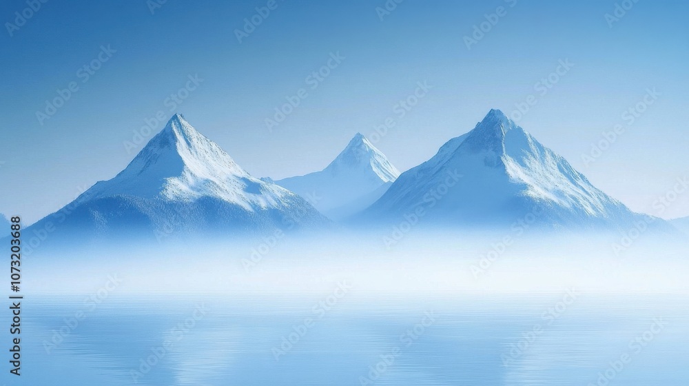 Majestic snow-capped mountains rise above a serene, misty lake under a clear blue sky. Majestic snow-capped mountains rise above a serene, misty lake under a clear blue sky.