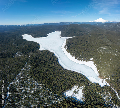 Drone shot of a frozen lake
