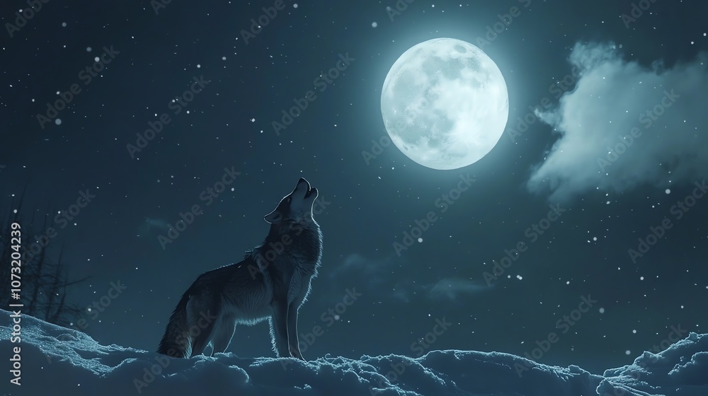 A lone wolf howls at the full moon in a snowy forest. A lone wolf howls at the full moon in a snowy forest.