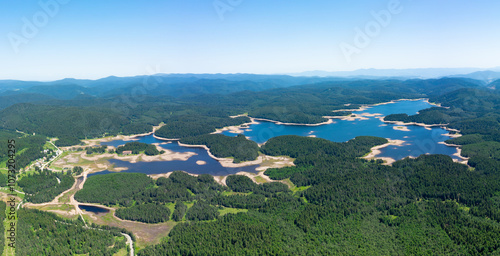 Drone photo of a large lake in Bulgaria