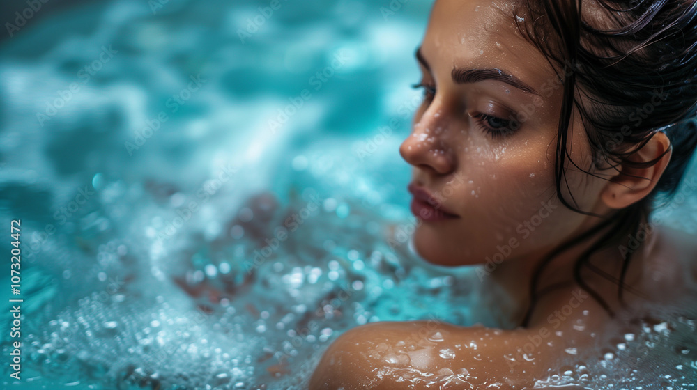 A woman sits in a swirling ice bath, water droplets glistening on her skin as she embraces the invigorating chill, fostering a moment of serenity amid chaos. A woman sits in a swirling ice bath, water droplets glistening on her skin as she embraces the invigorating chill, fostering a moment of serenity amid chaos.