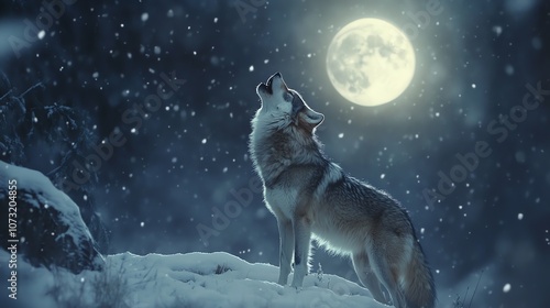 A lone wolf howls at the full moon in a snowy forest. photo