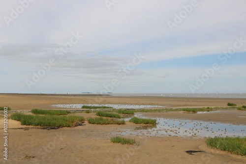 Idyllische Landschaft im niedersächsischen Wattenmeer der Nordsee in Cuxhaven mit Blick Richtung Insel Neuwerk bei Ebbe  photo