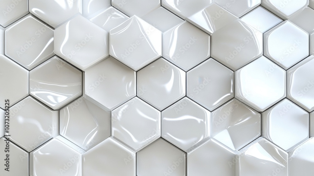 Glossy white hexagonal tiles create a modern and elegant textured surface, enhancing contemporary interior designs. Glossy white hexagonal tiles create a modern and elegant textured surface, enhancing contemporary interior designs.