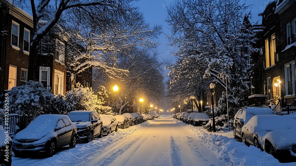 Snow-Covered Street in a Residential Neighborhood at Night Snow-Covered Street in a Residential Neighborhood at Night