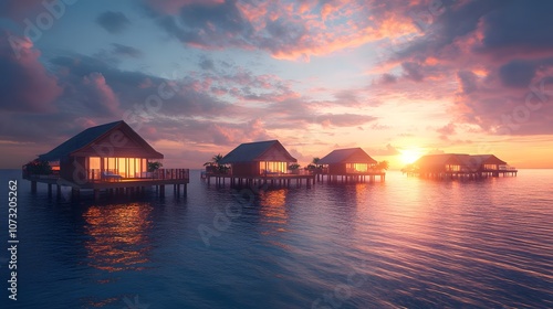 Overwater Villas at Sunset with Pink and Orange Sky