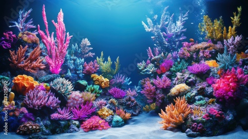 Vibrant underwater coral reef teeming with colorful marine life and diverse coral species.