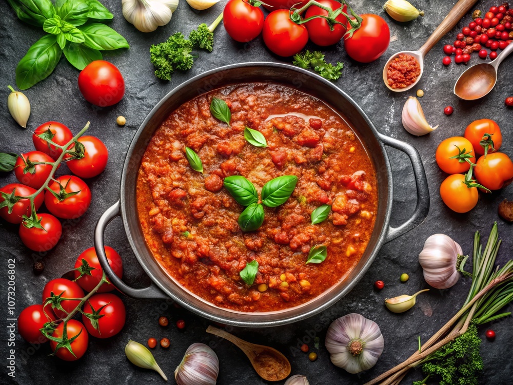 Classic Italian Bolognese Sauce Stewed in a Pan with Fresh Ingredients on a Black Tile Background, Captured from Above in Stunning Drone Photography Classic Italian Bolognese Sauce Stewed in a Pan with Fresh Ingredients on a Black Tile Background, Captured from Above in Stunning Drone Photography