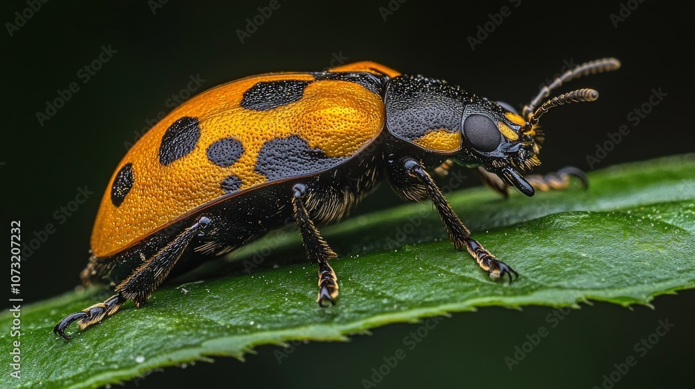 Close-up of a vibrant orange and black beetle with black spots on a green leaf. Close-up of a vibrant orange and black beetle with black spots on a green leaf.