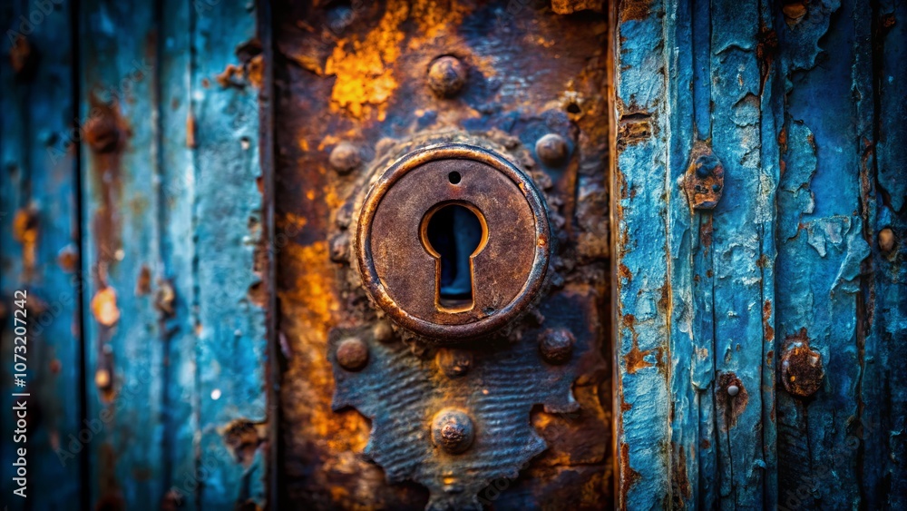 Close-Up of a Rusted Keyhole Against Weathered Blue Background, Showcasing Unique Textures and Aged Patina that Reflect the Stories of Time and Use in Night Photography Close-Up of a Rusted Keyhole Against Weathered Blue Background, Showcasing Unique Textures and Aged Patina that Reflect the Stories of Time and Use in Night Photography