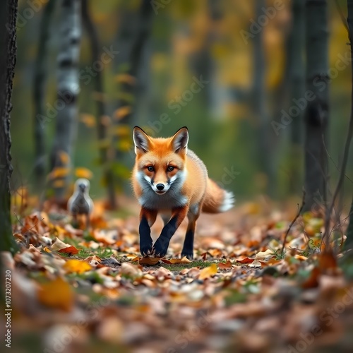 Beautiful isolated portrait of red fox.
beautiful red fox sitting in autumn forest
