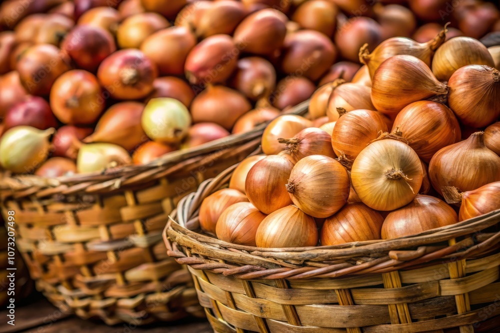 Close-Up of Freshly Stacked Raw Onions with Skins in a Bamboo Basket, Capturing the Essence of South Korean Culinary Ingredients and Traditional Market Scenes Close-Up of Freshly Stacked Raw Onions with Skins in a Bamboo Basket, Capturing the Essence of South Korean Culinary Ingredients and Traditional Market Scenes