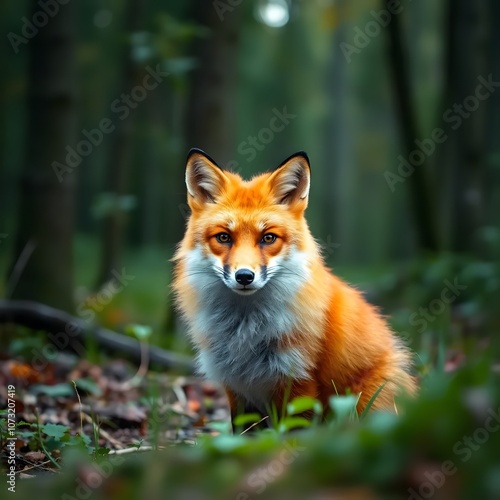 Beautiful isolated portrait of red fox. beautiful red fox sitting in autumn forest 