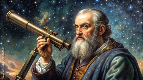 A lifelike depiction of Galileo Galilei in Renaissance-era attire, holding a telescope, with a starry sky and scientific instruments around him photo