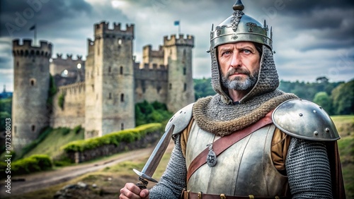 A lifelike image of King Richard the Lionheart in chainmail armor with a medieval English castle in the background, capturing his legendary bravery