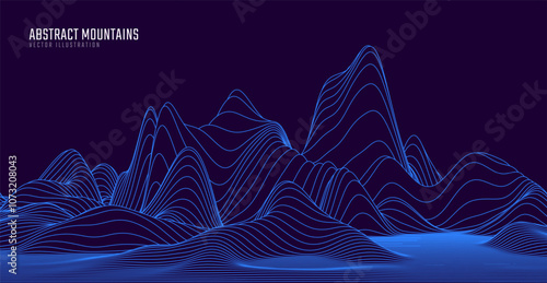 Contour mountain landscape. Waved line art. Abstract minimal topographic map. Contour lines with elevations and terrain depth. Vector illustration.