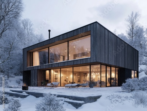 Modern Black Wooden House with Large Windows in Snowy Forest