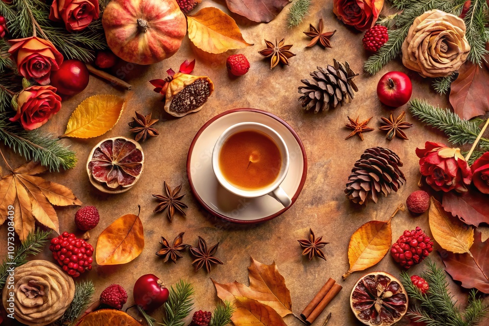 Cozy Autumn Flat Lay with Cup of Tea, Bright Leaves, Roses, Cones, Pomegranate, and Cinnamon Sticks on Brown Beige Background for Fall Conceptual Imagery Cozy Autumn Flat Lay with Cup of Tea, Bright Leaves, Roses, Cones, Pomegranate, and Cinnamon Sticks on Brown Beige Background for Fall Conceptual Imagery