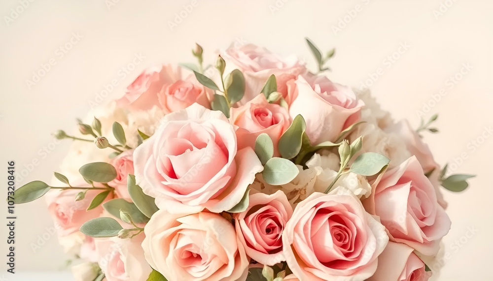 Beautiful bouquet of soft pink roses and greenery on a neutral background Beautiful bouquet of soft pink roses and greenery on a neutral background