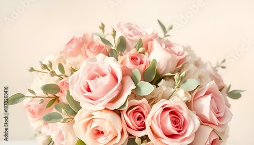 Beautiful bouquet of soft pink roses and greenery on a neutral background