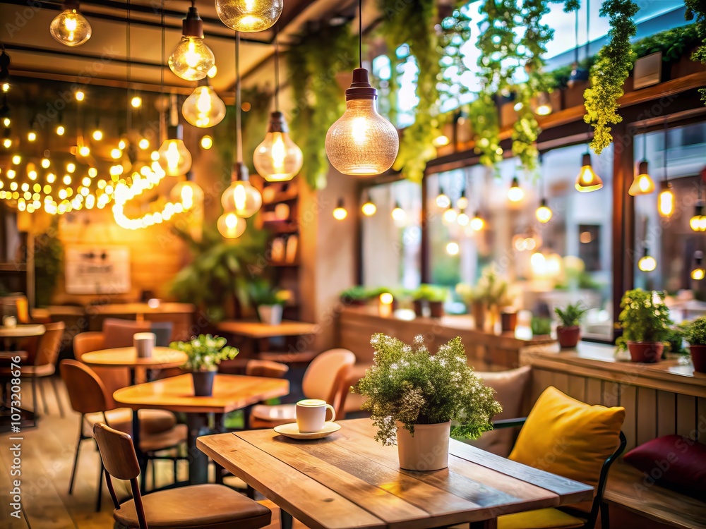 Cozy Cafe Atmosphere with Warm Hanging Lights and Bokeh Effect for Relaxing Ambiance in a Blurred Background Setting Perfect for Cafes, Restaurants, and Interior Design Inspiration Cozy Cafe Atmosphere with Warm Hanging Lights and Bokeh Effect for Relaxing Ambiance in a Blurred Background Setting Perfect for Cafes, Restaurants, and Interior Design Inspiration